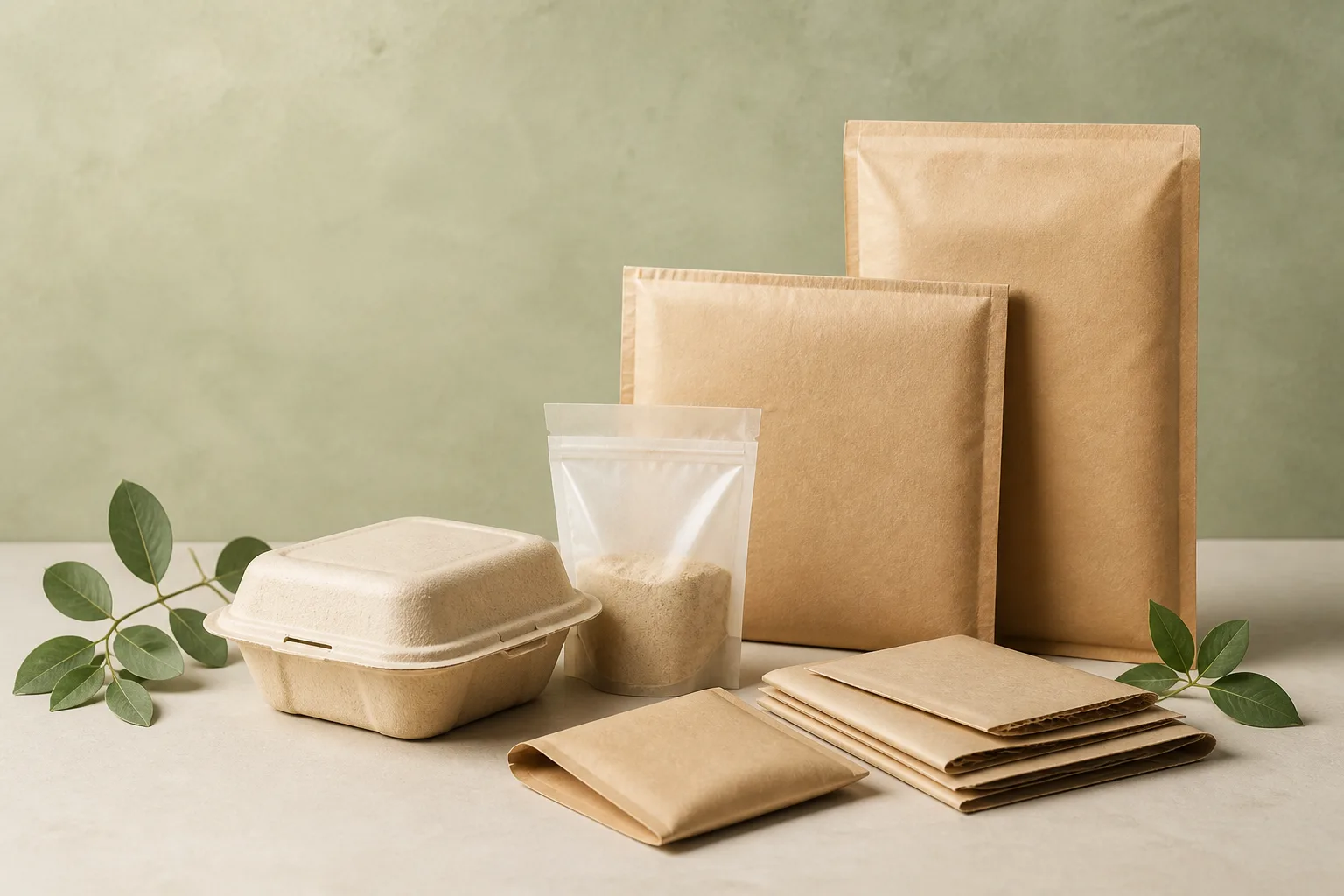 Synthetic studio image of unbranded recyclable packaging samples